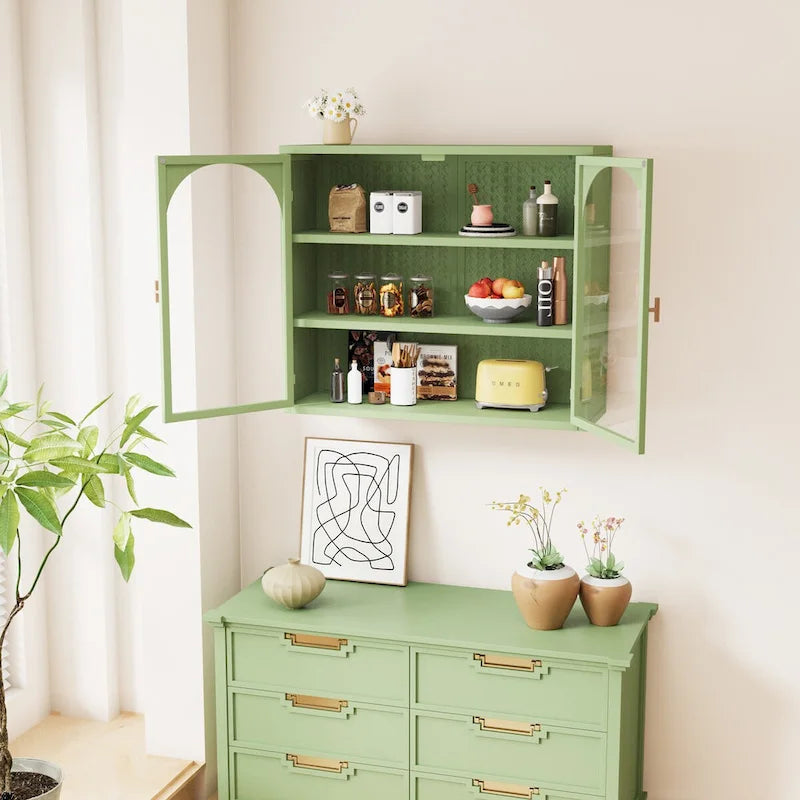 Roomfitters 27.56 Modern Glass Door Wall Cabinet with Three-Tier Storage for Entryway, Living Room, Bathroom